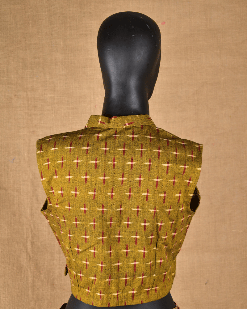 Mustard Yellow Ikat Cotton Sleeveless Blouse with Shirt Collar - back