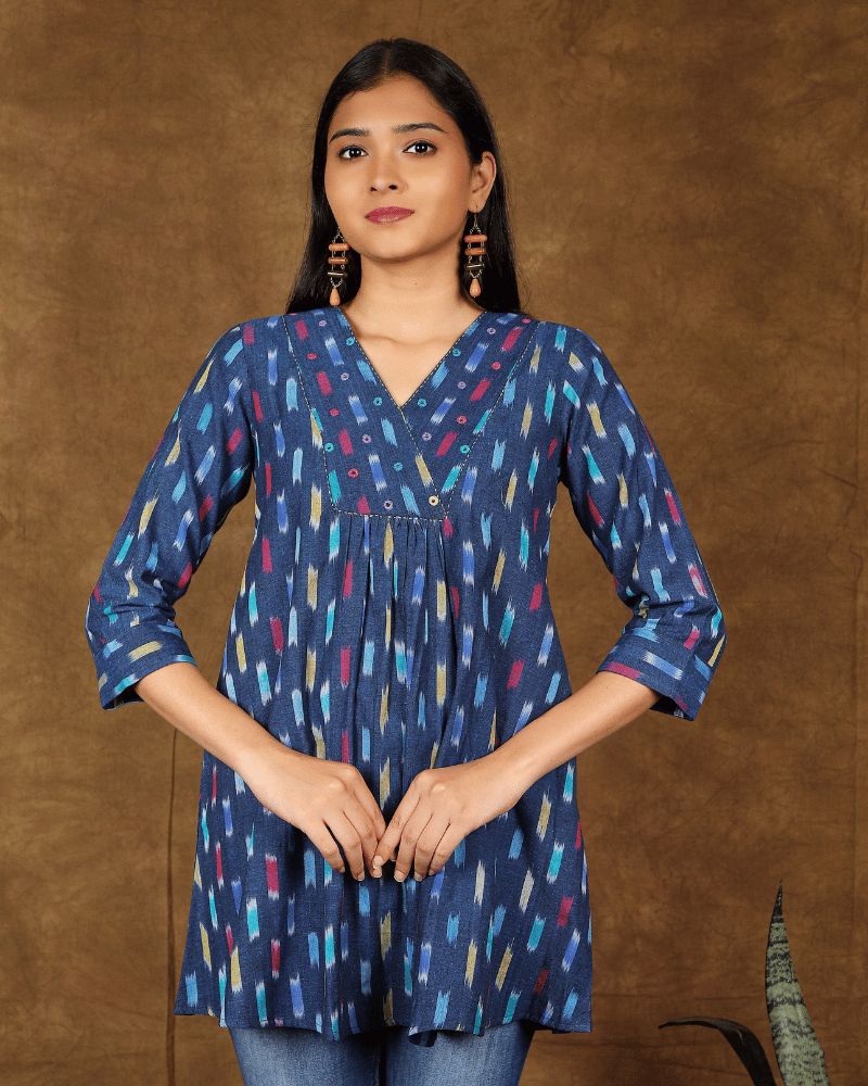 Embroidery indigo blue ikat tunic - front
