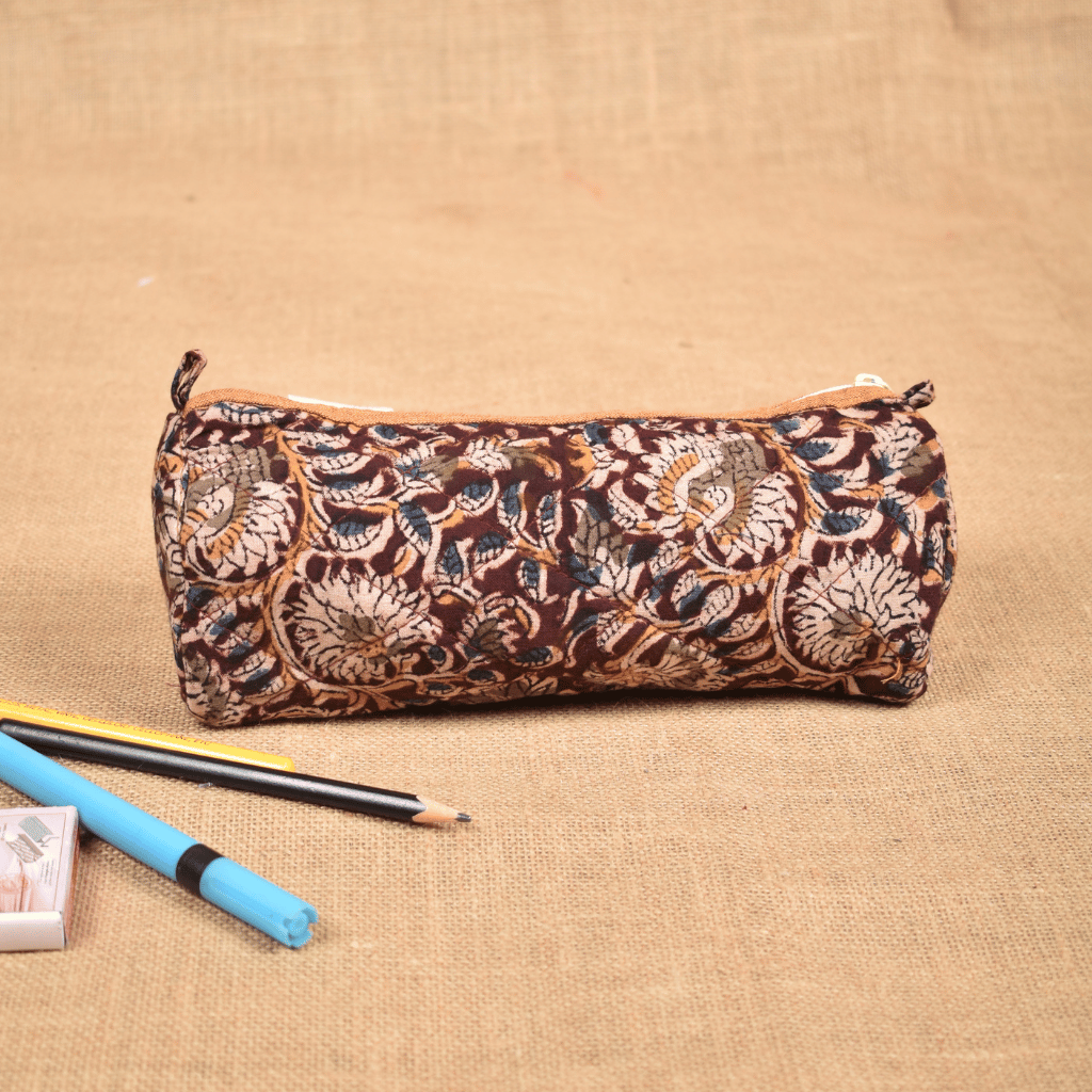 Maroon kalamkari round quilted case