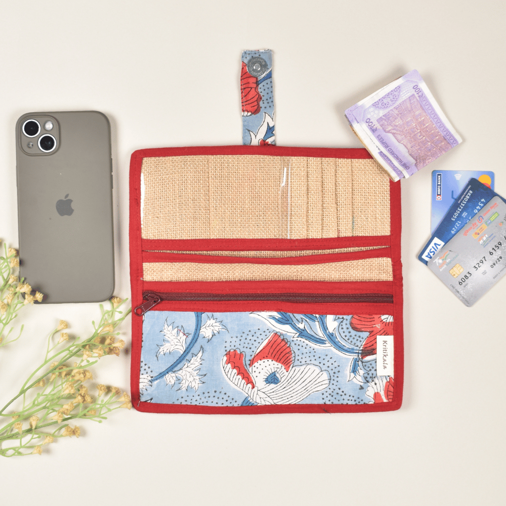 Sky Blue kalamkari and jute ladies wallet