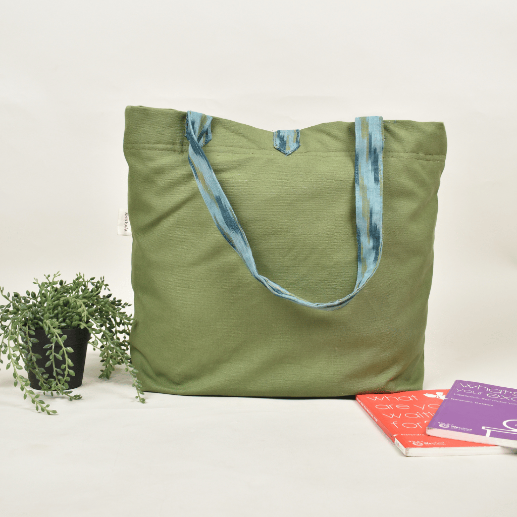Green Canvas Bag with Green Ikat Handle - back