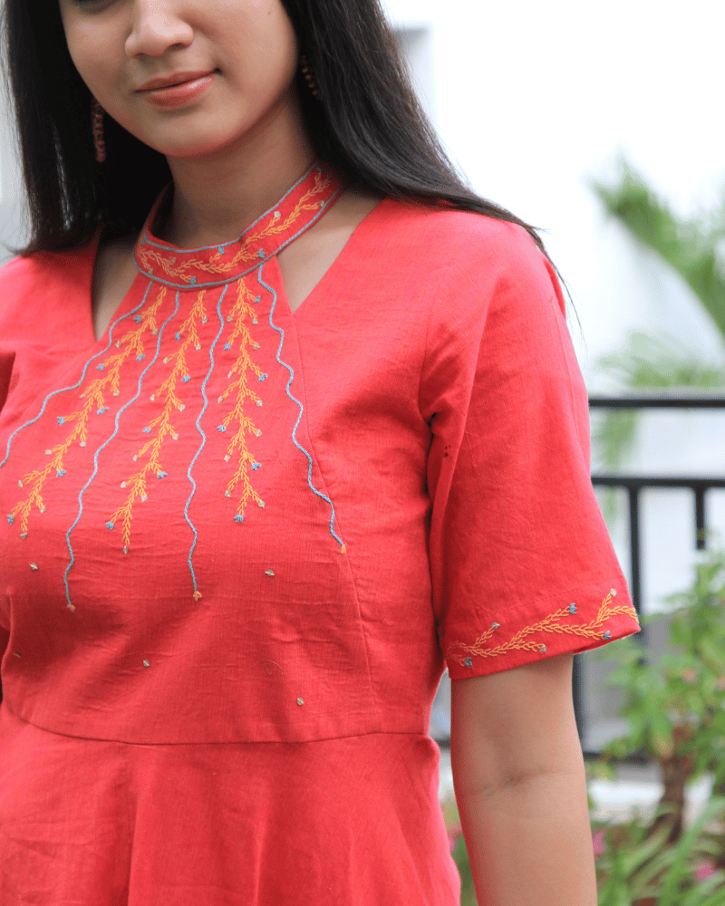 Red Embroidered High-Low Women’s Dress