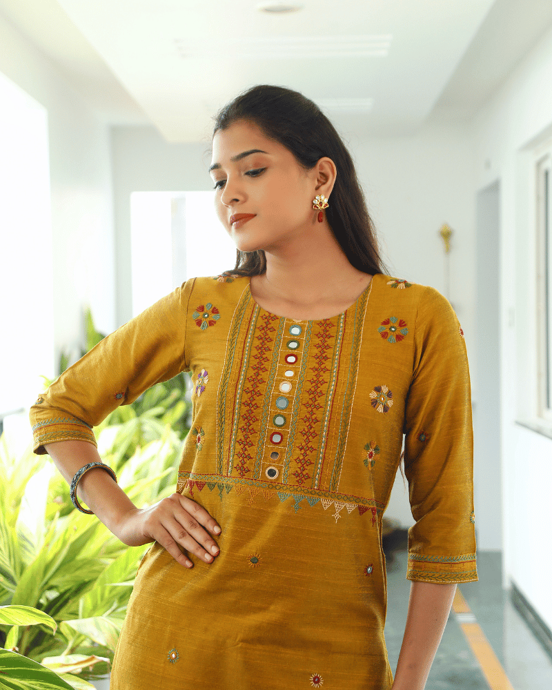 Mustard Yellow Silk Yoke Embroidery Kurta - mirror work