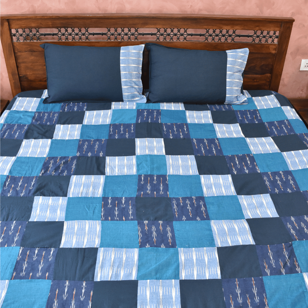 Ikat Patchwork Double Bedcover in Blue