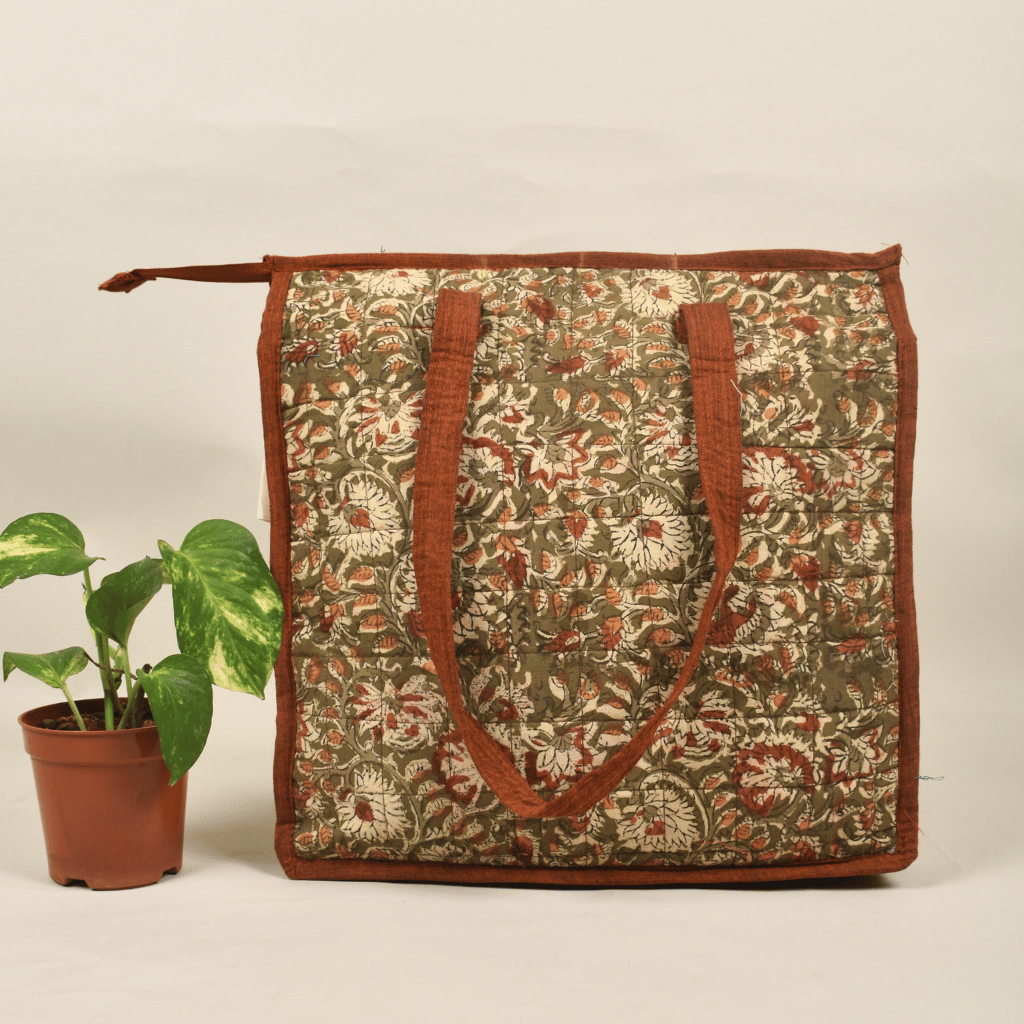 Green Kalamkari Quilted Tote Bag - back