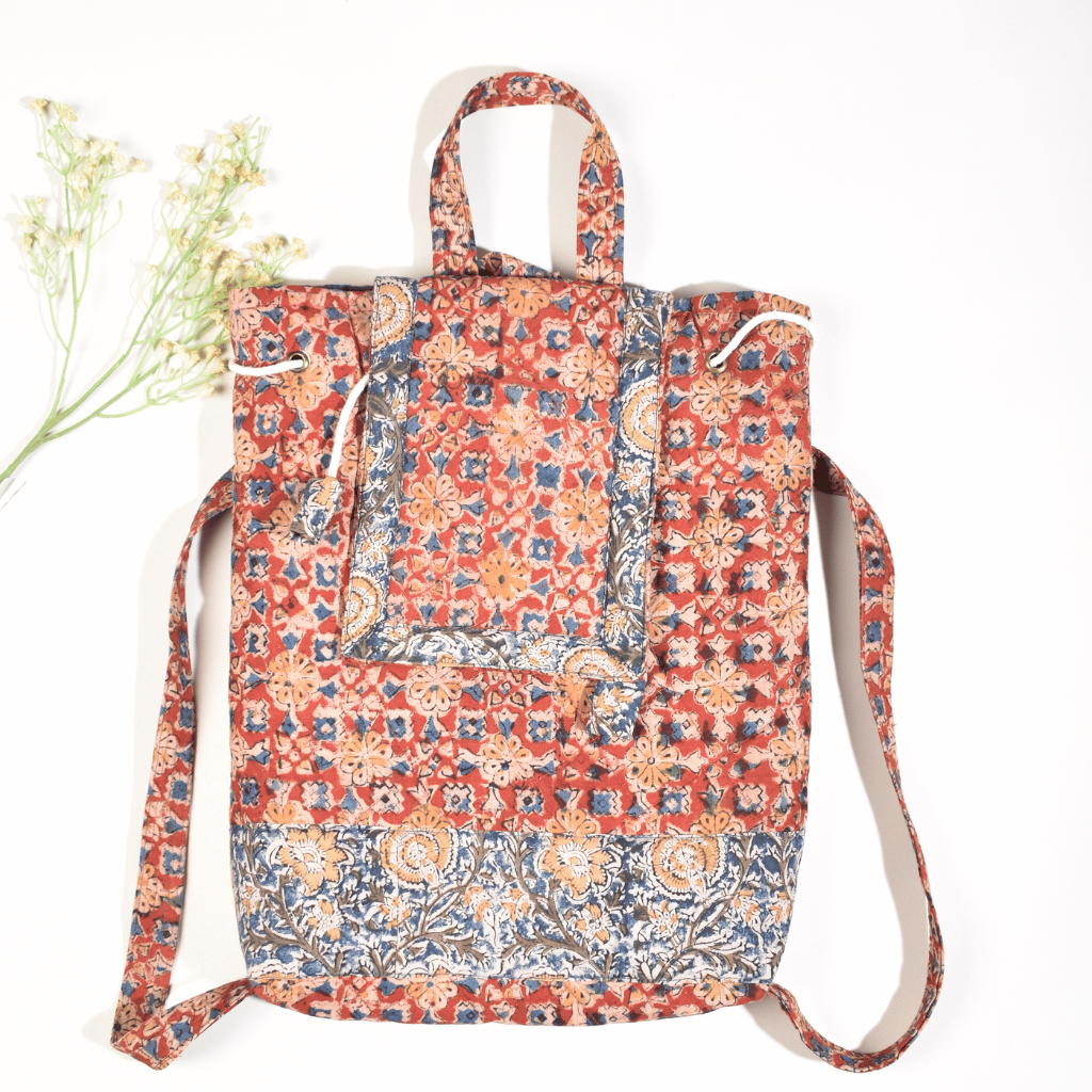 Red Kalamkari Backpack - flap closure
