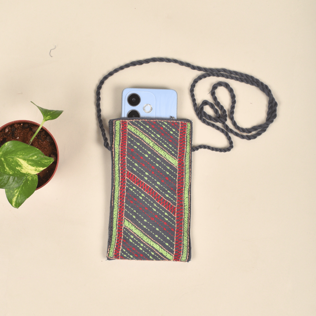 Handcrafted Embroidery Grey cell phone pouch