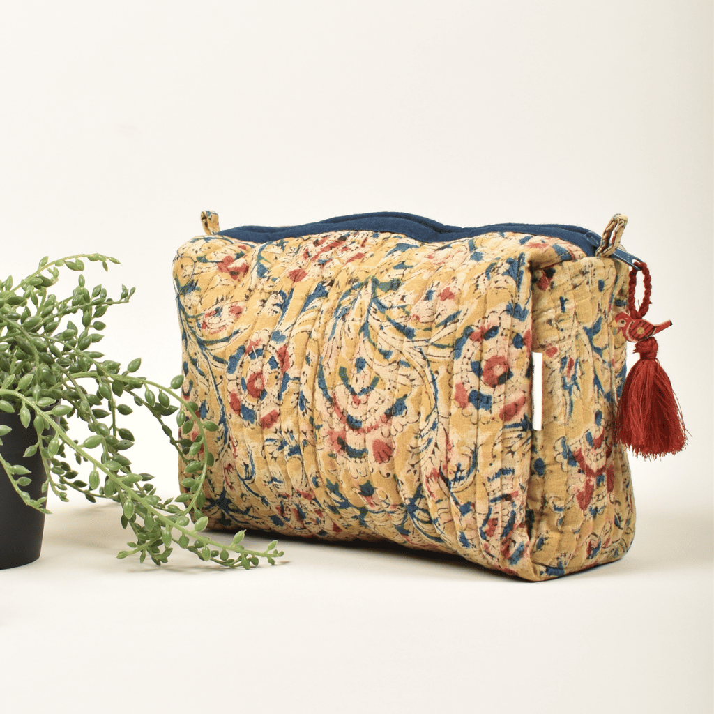 Yellow kalamkari travel pouch - side