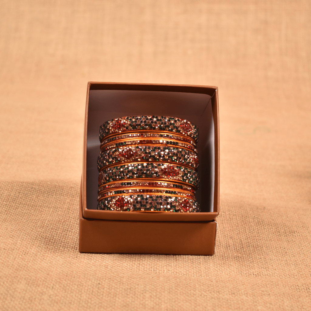 Set of eight bangles in green & maroon tones