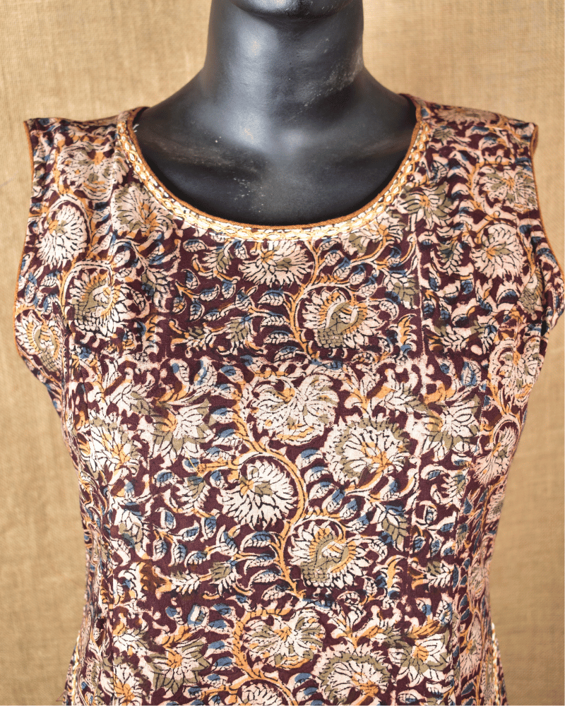 Brown Floral Kalamkari Long Dress With a Boat Neck - Embroidery