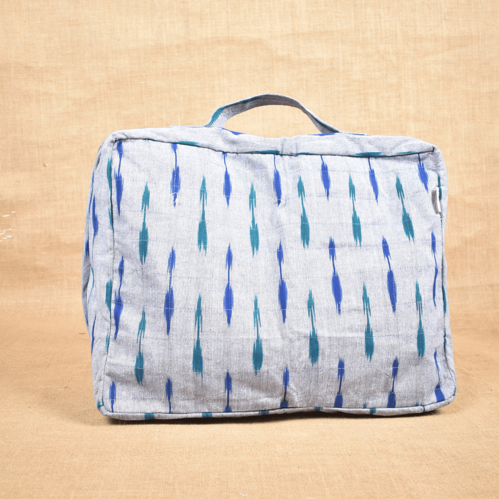 Blue ikat sarees storage bag with sleeves - front