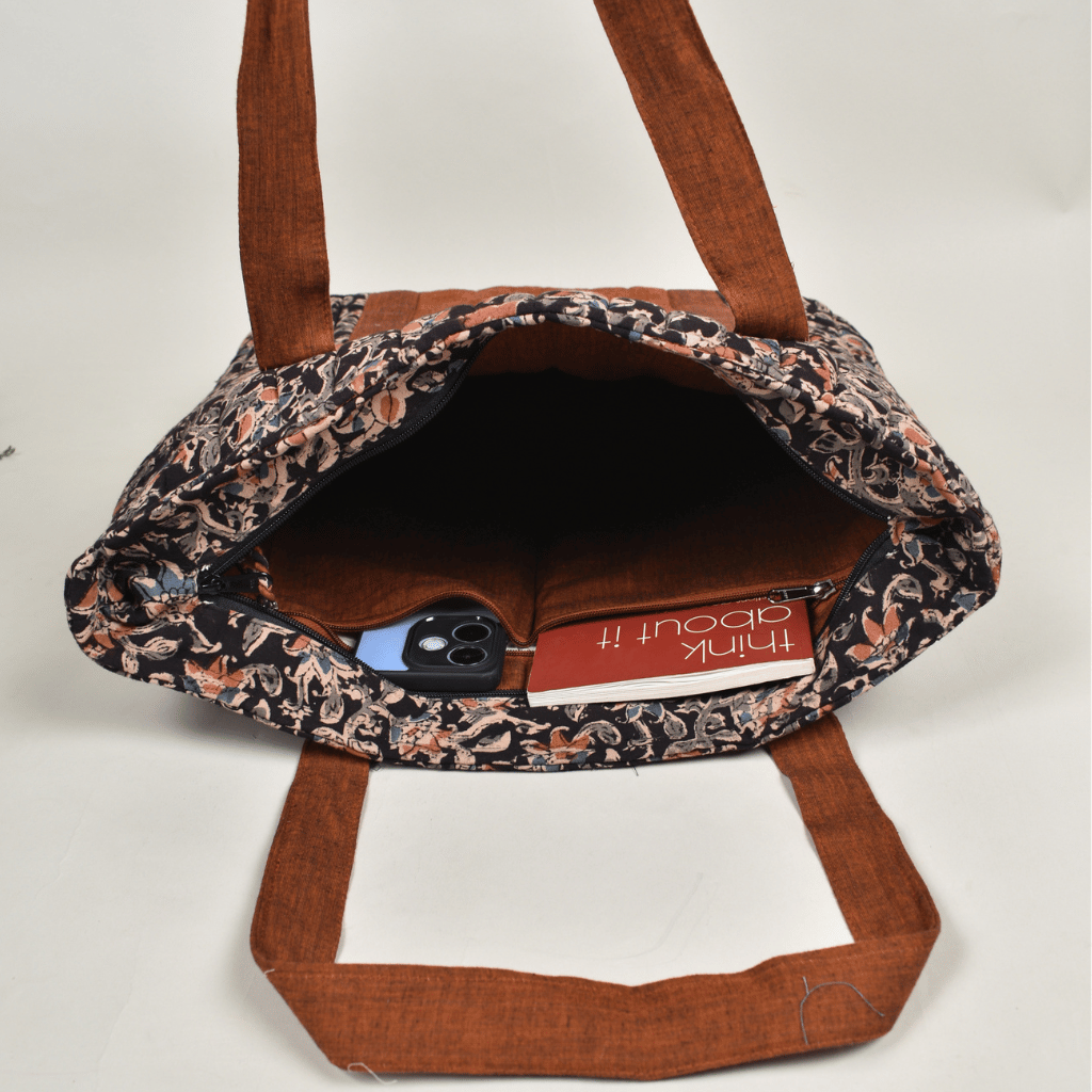 Black Kalamkari quilted ladies laptop bag or overnight travel bag