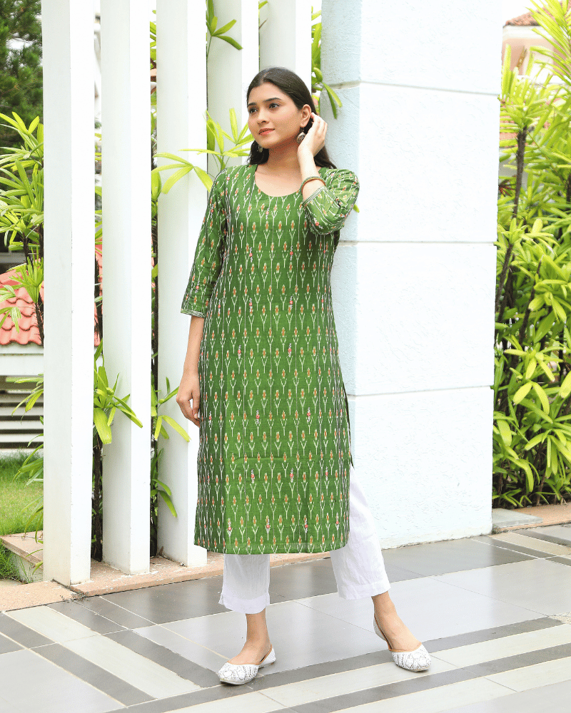 Hand Embroidery Mehndi green ikat silk kurta - front