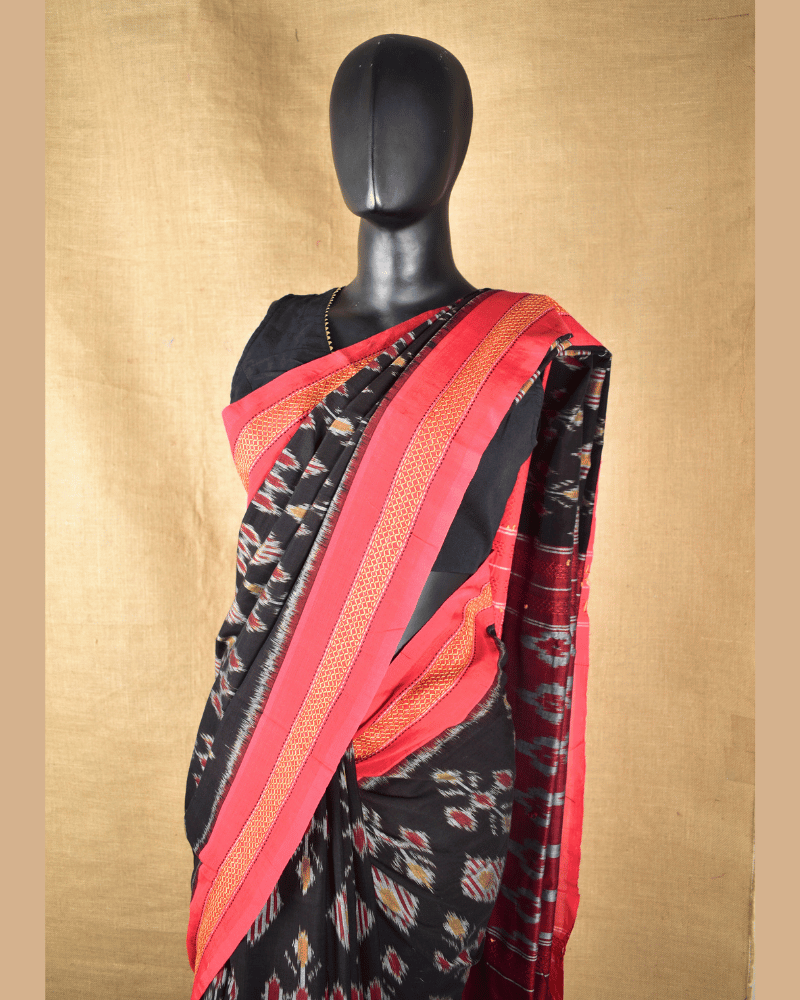 Black ikat saree with hand embroidery