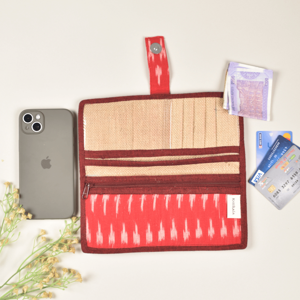 Red Ikat and jute ladies wallet