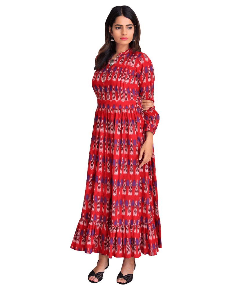 Red & Blue Ikat Printed Maxi Dress with Full Sleeves