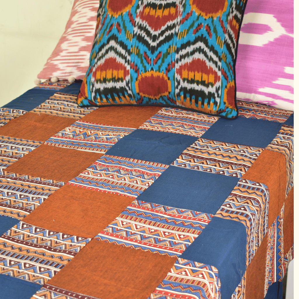 Kalamkari Patchwork Double Bedcover in Blue