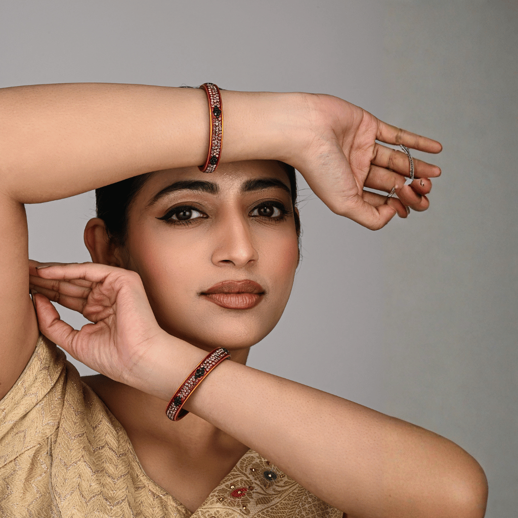 Pair of Hyderabadi Lac Bangles in Pink and Green Tones - glittery