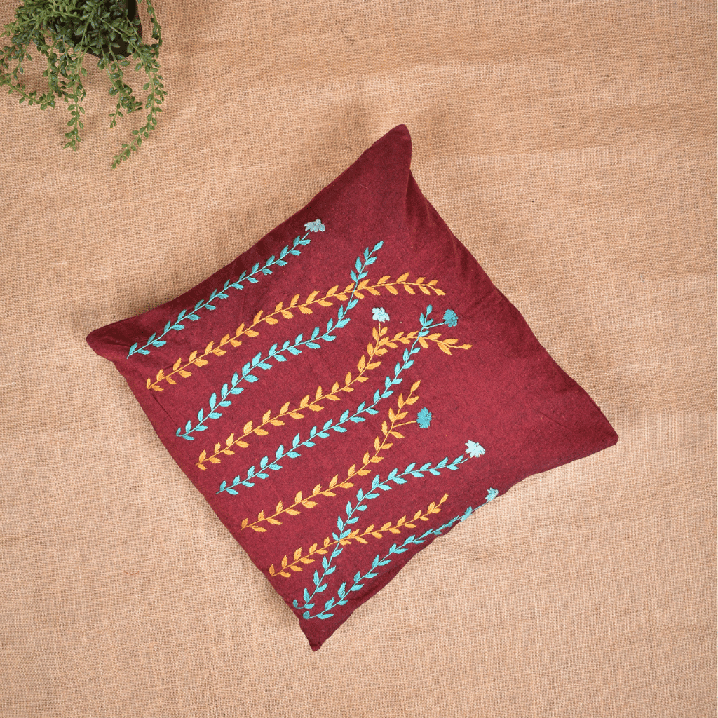 "Field of flowers" Pure Cotton Cushion Cover - Maroon