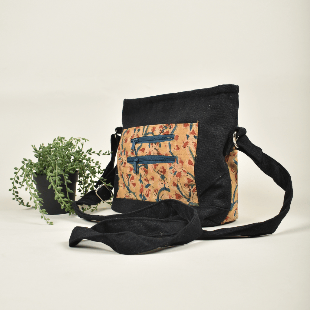 Yellow Multi pocket canvas sling bag - side
