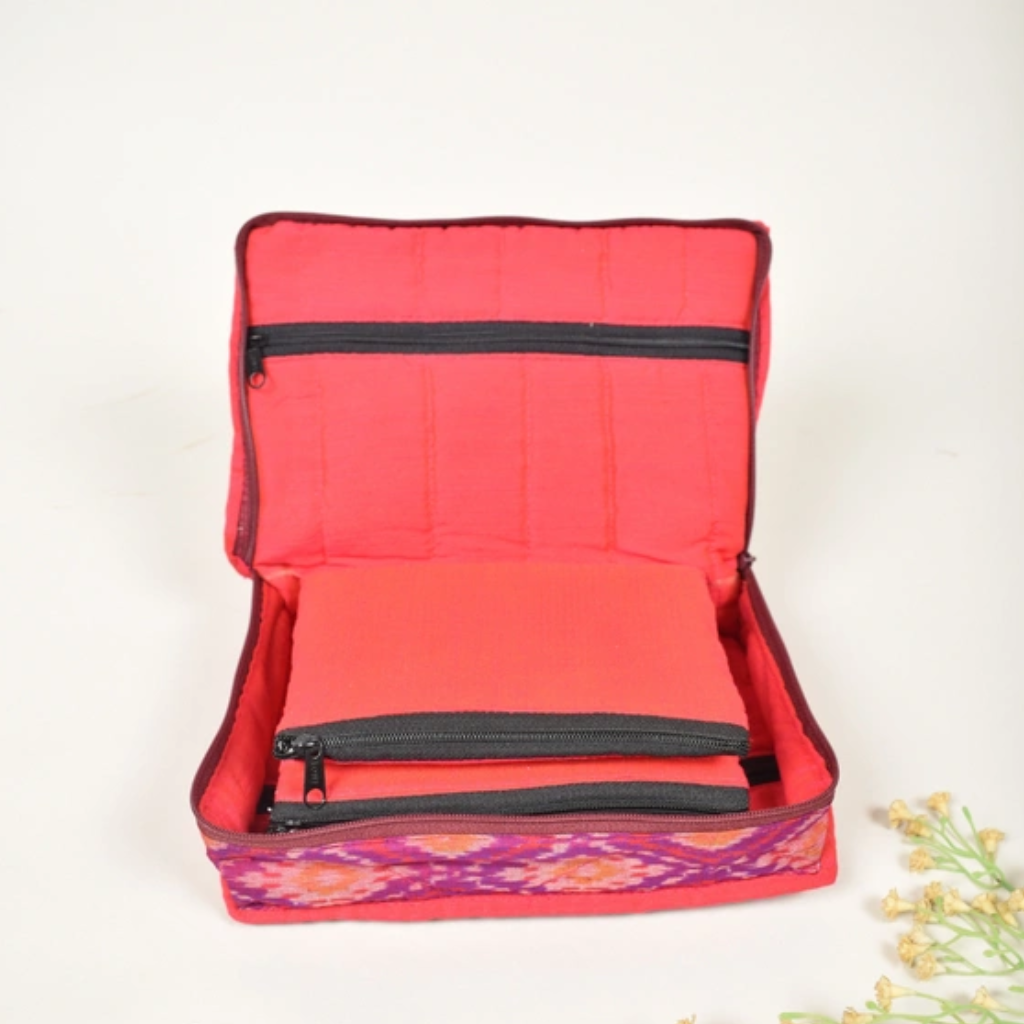 Pink ikat silk jewellery case or travel organiser