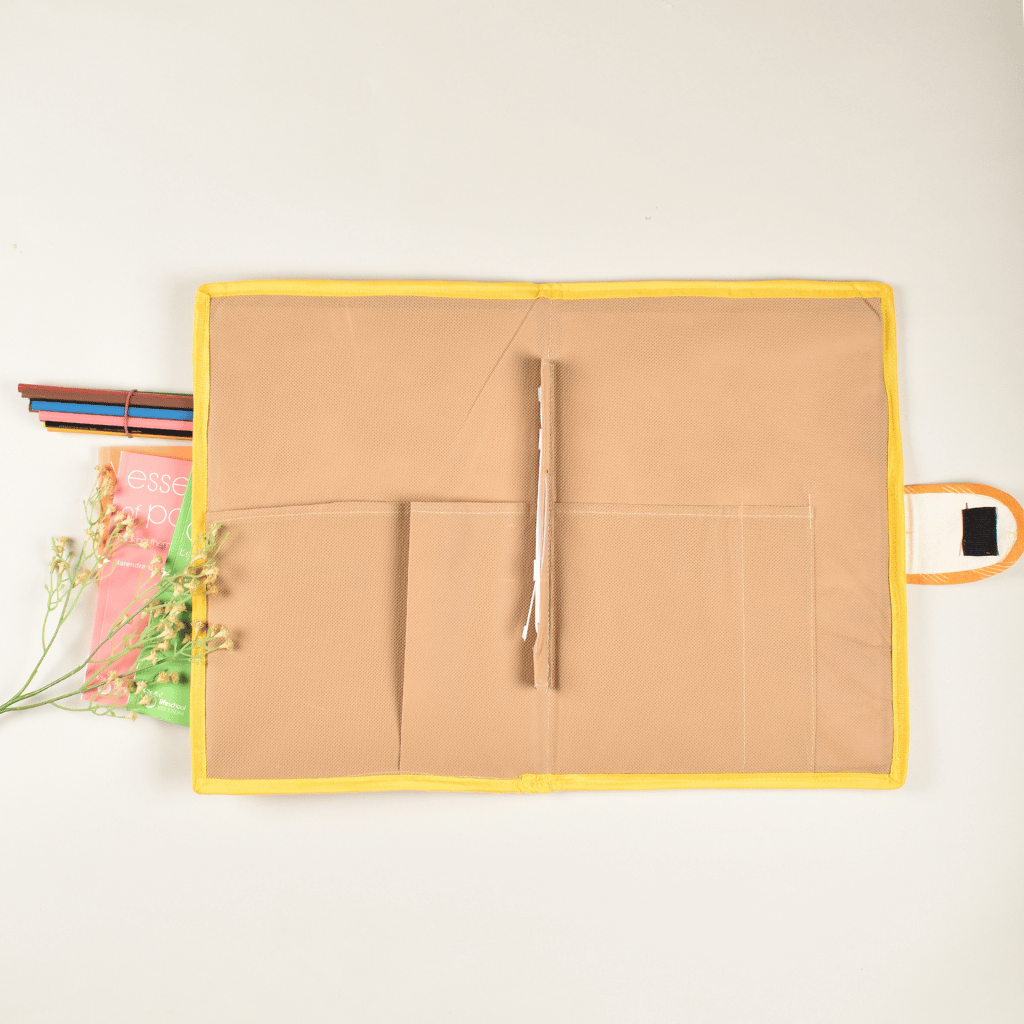 Simple natural jute file folder with a velcro tab and yellow piping - inside