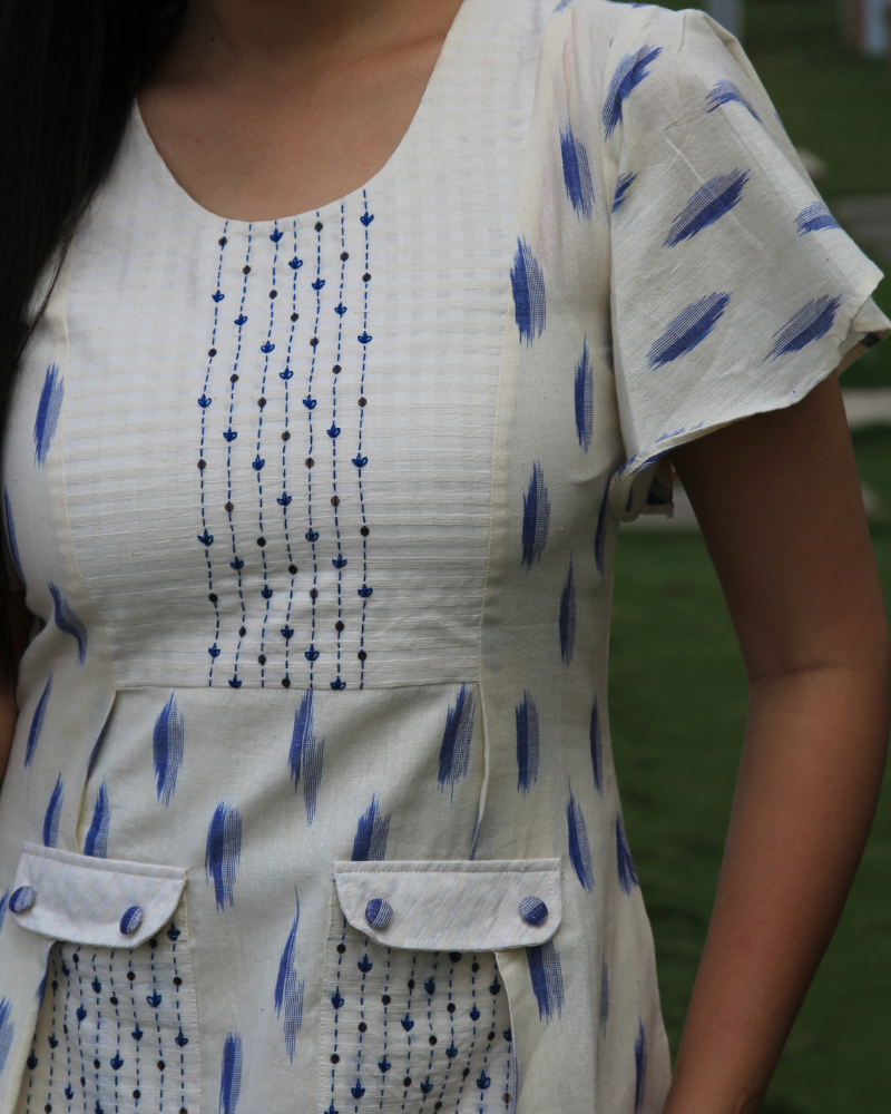 White ikat pleated embroidery dress