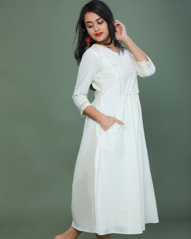 Mirror work dress in off white muslin side view