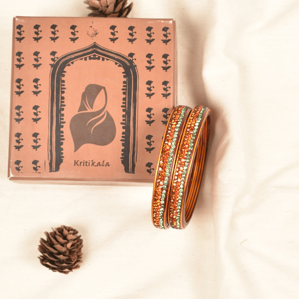 Pair of orange 3 line stoned lac bangles - Hyderabad