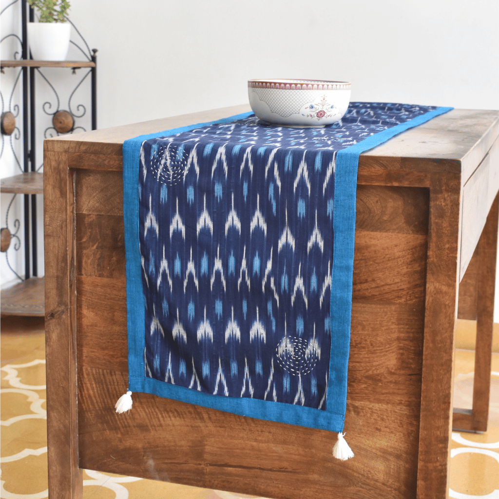 Blue and pink ikat reversible table runner with kantha embroidery