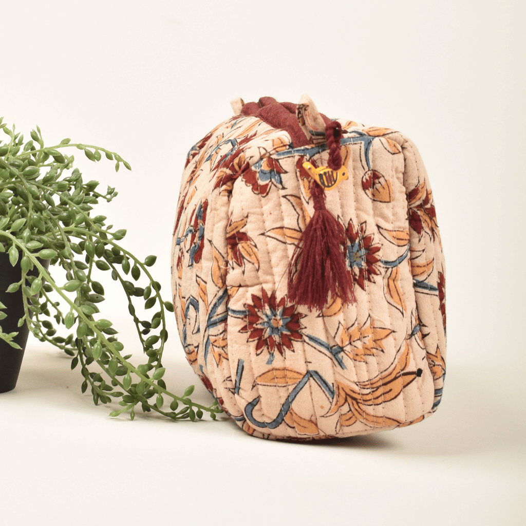 Cream kalamkari travel pouch - tassel