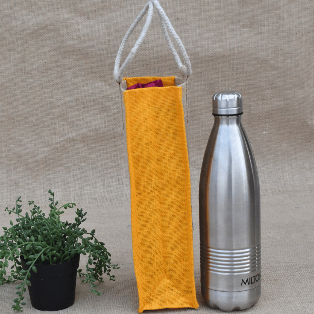 Yellow jute bottle bag - side