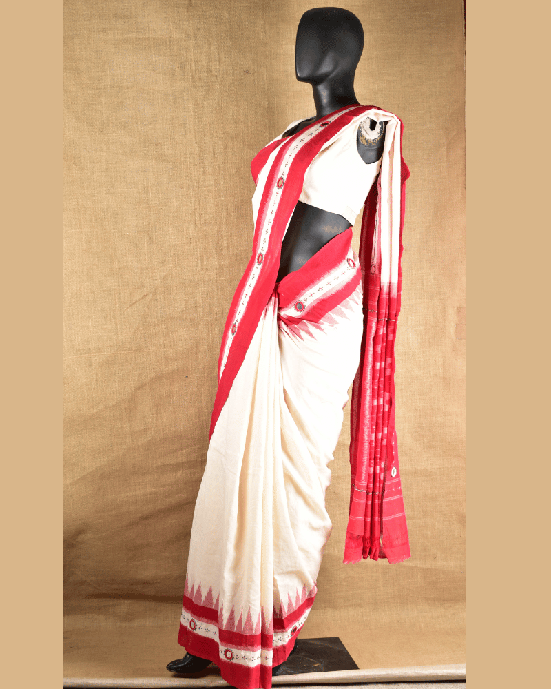 White Cotton Saree With Hand Embroidery - Side