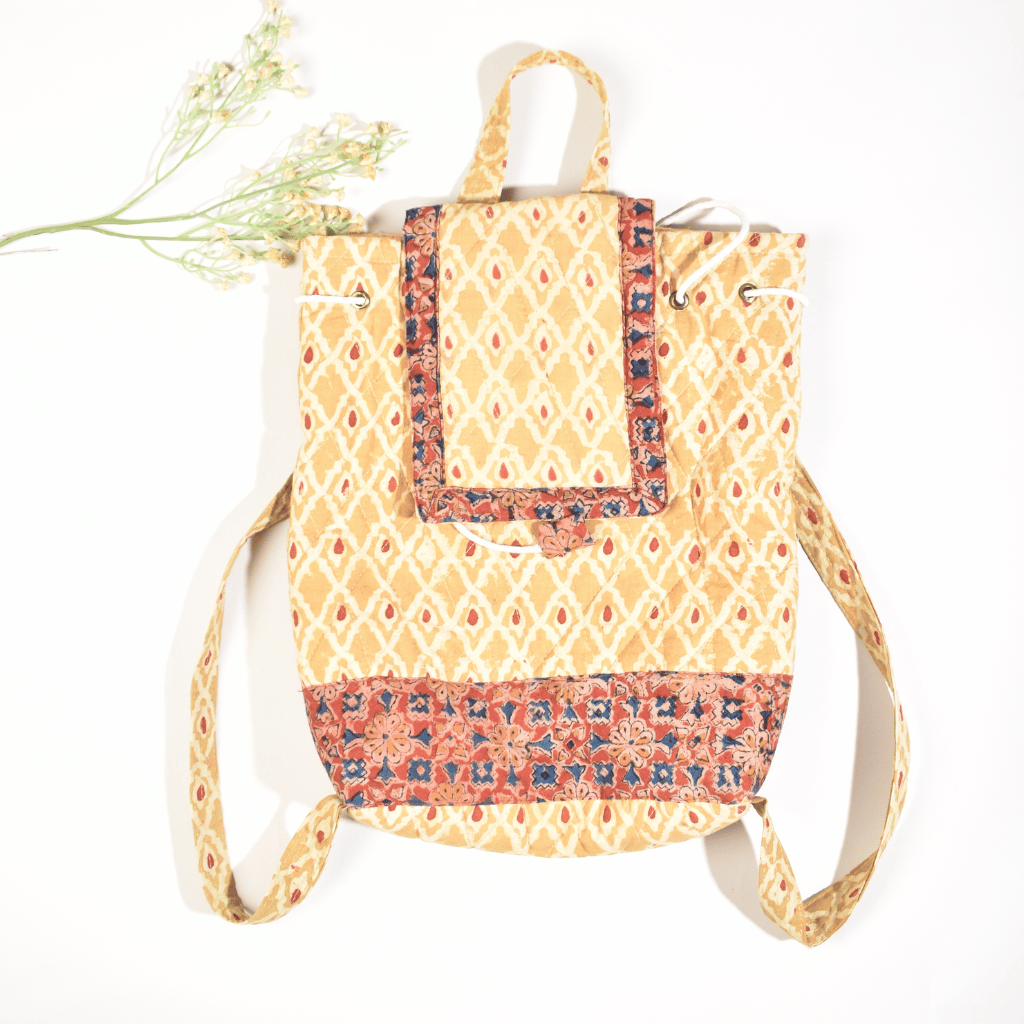 Yellow Kalamkari Backpack - Flap closure