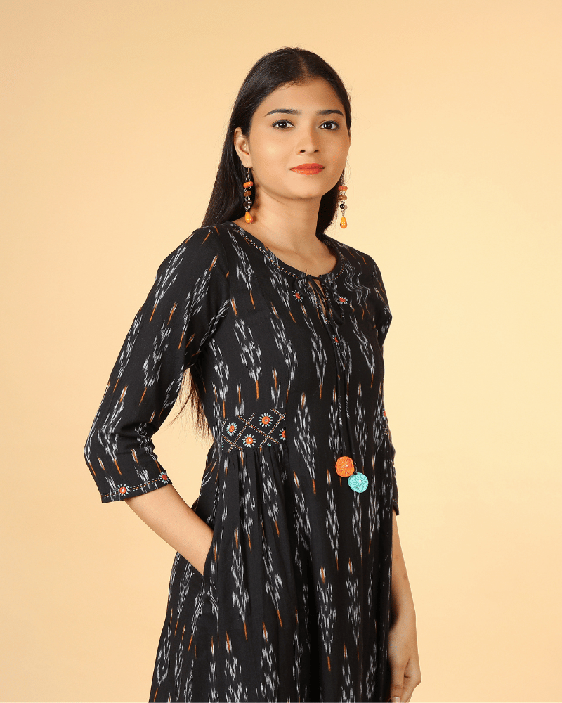 A Line Kurta in Black Ikat Cotton - pocket