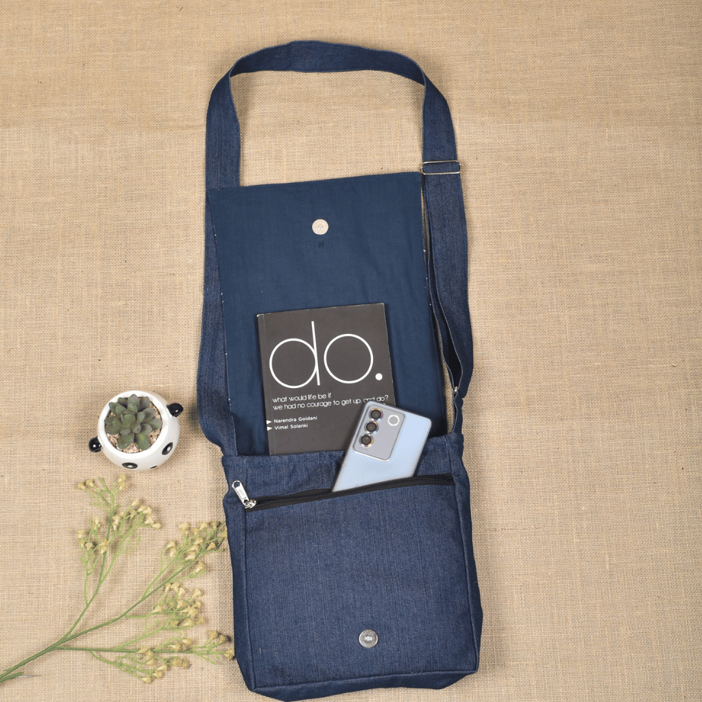 Denim sling bag with embroidery - flap