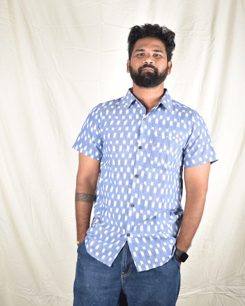 Blue ikat casual men's shirt - handloom