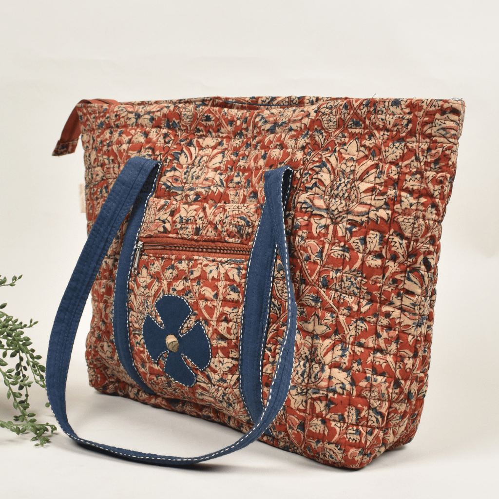 Quilted Red Kalamkari Large Tote Bag - side