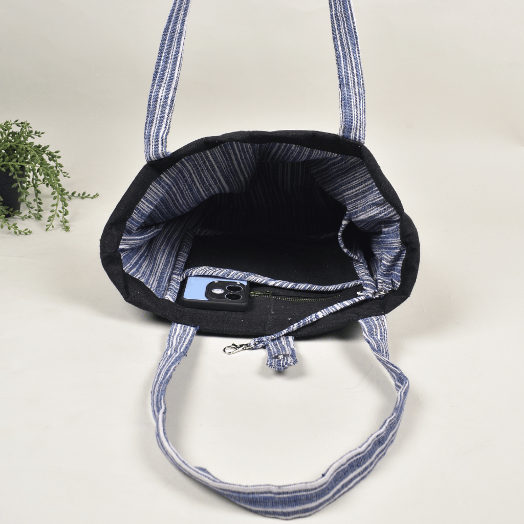 Black Canvas Bag with Blue Ikat Handle - inside