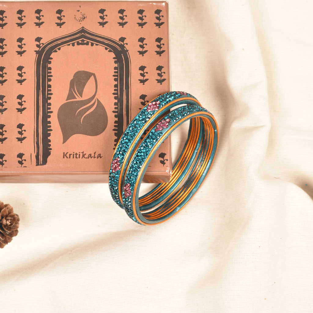 pair of blue & pink 3 line stones lac bangles - Hyderabad