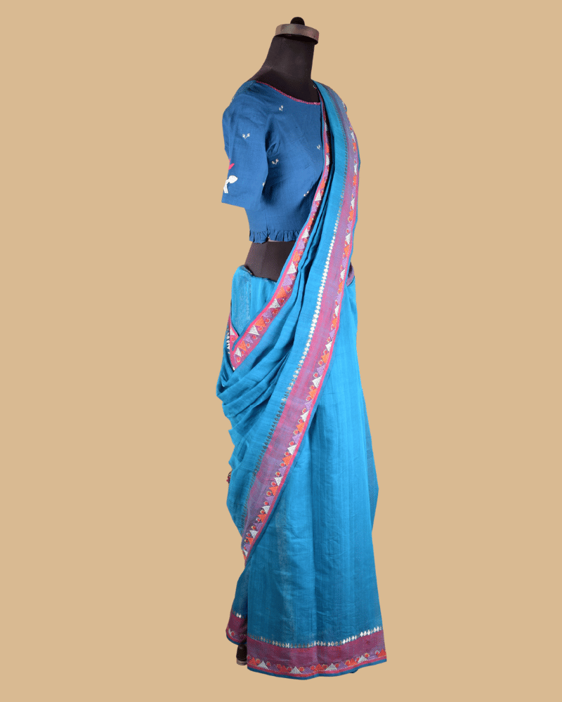 Sky Blue Cotton Saree with Hand Embroidery