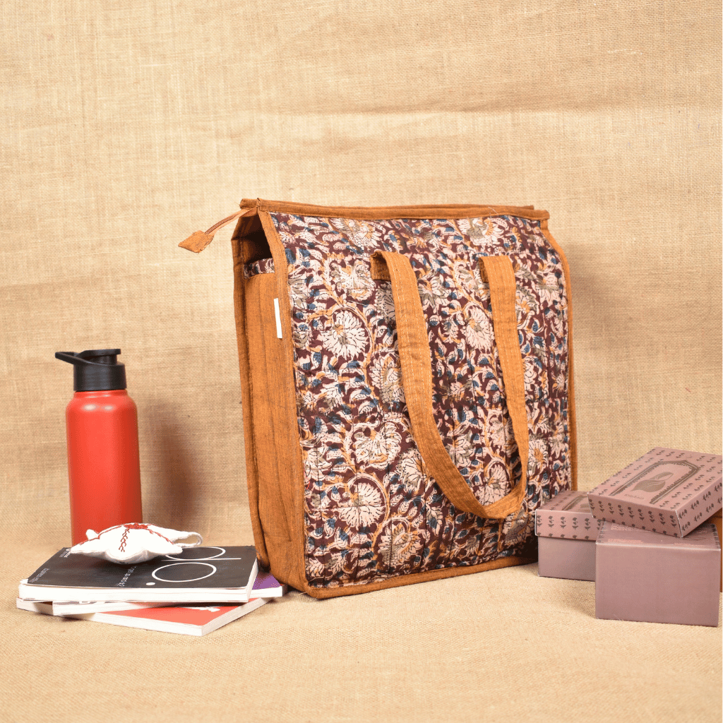 Maroon Kalamkari Quilted Tote Bag - side