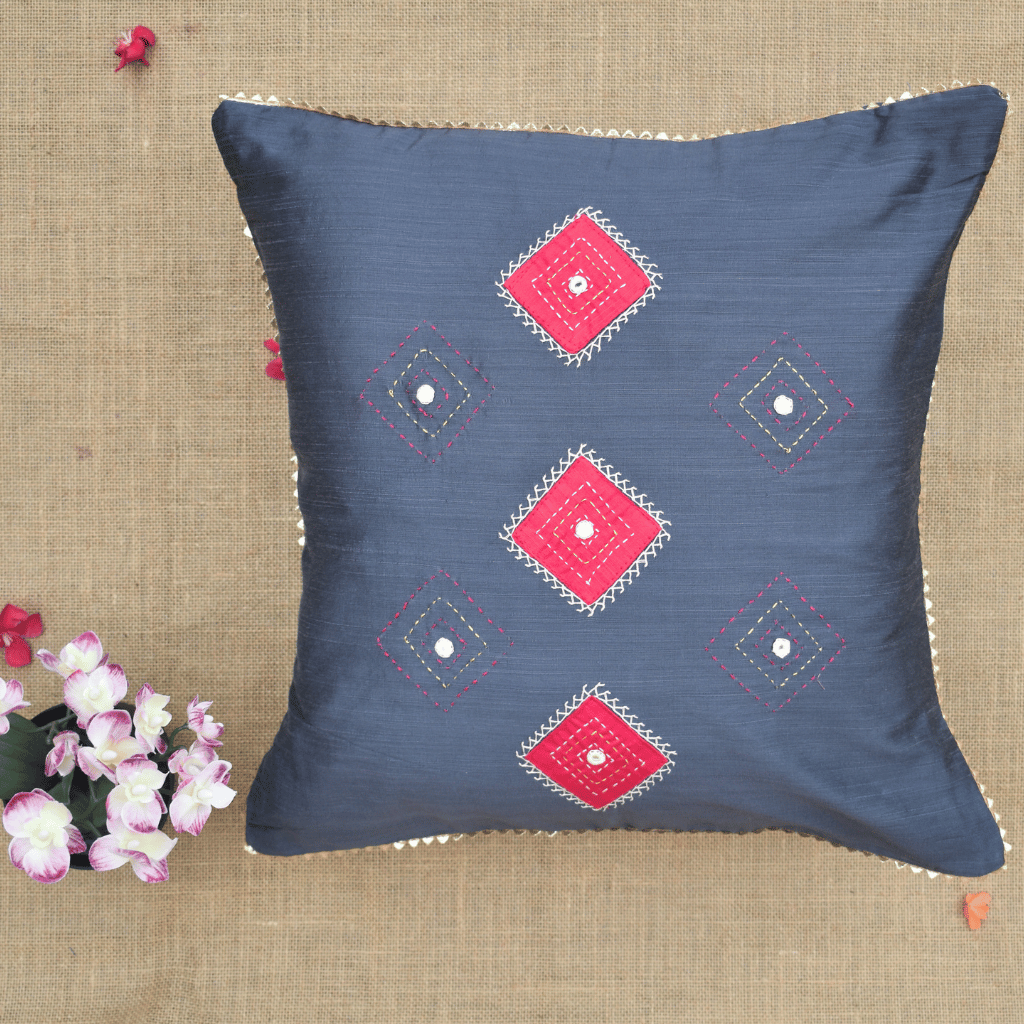 Grey Silk Cushion Cover With Mirror Embroidery - Kritikala