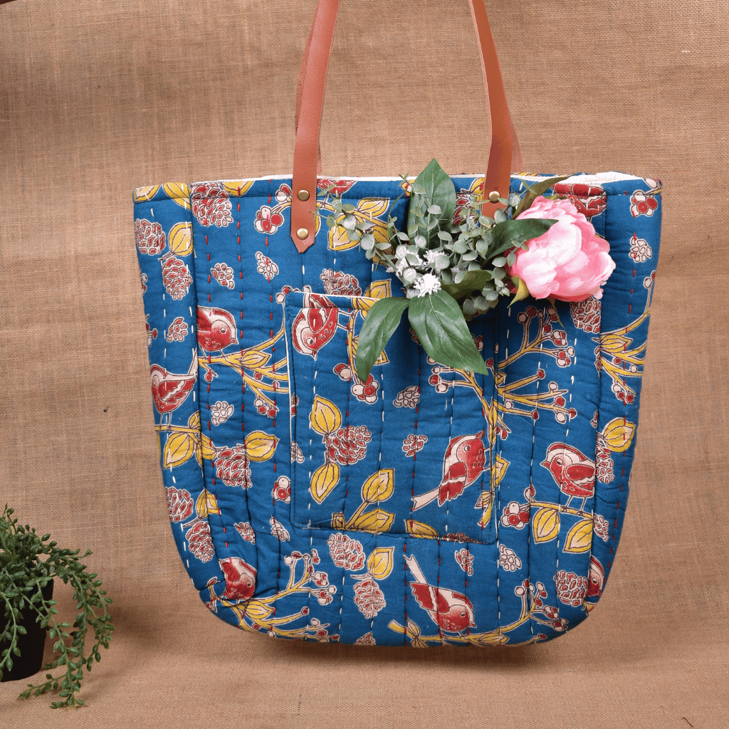 Teal Blue Tapti Hand Quilted Large Tote Bag - embroidery