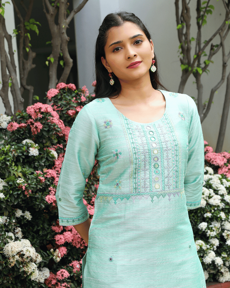 Mint Green Silk Mirror Embroidery Kurta - banjara