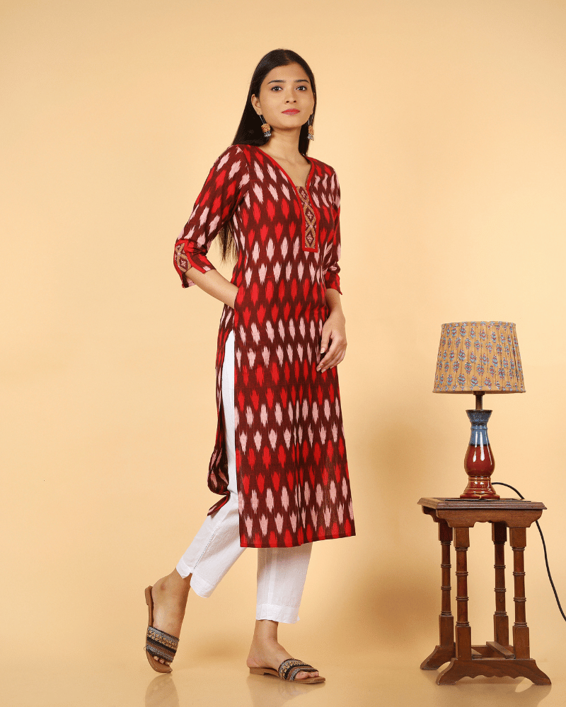 Straight Kurta in Red Ikat Cotton - pocket