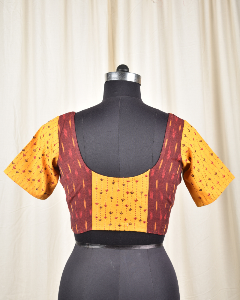Mustard and maroon ikat embroidered blouse - back