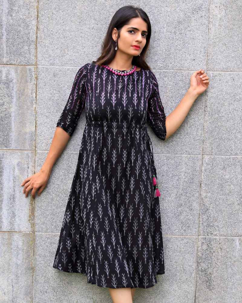Black leaf ikat dress with tassels