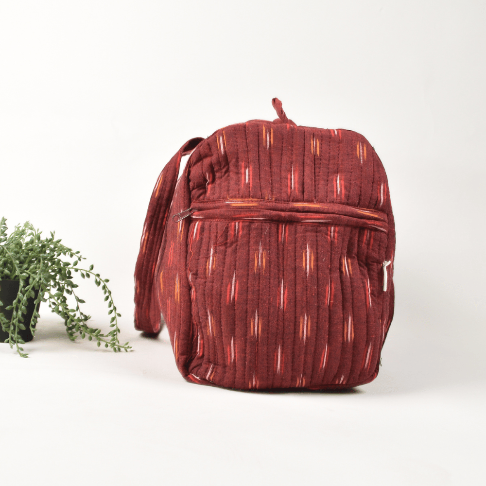 Maroon ikat duffle bag - pockets