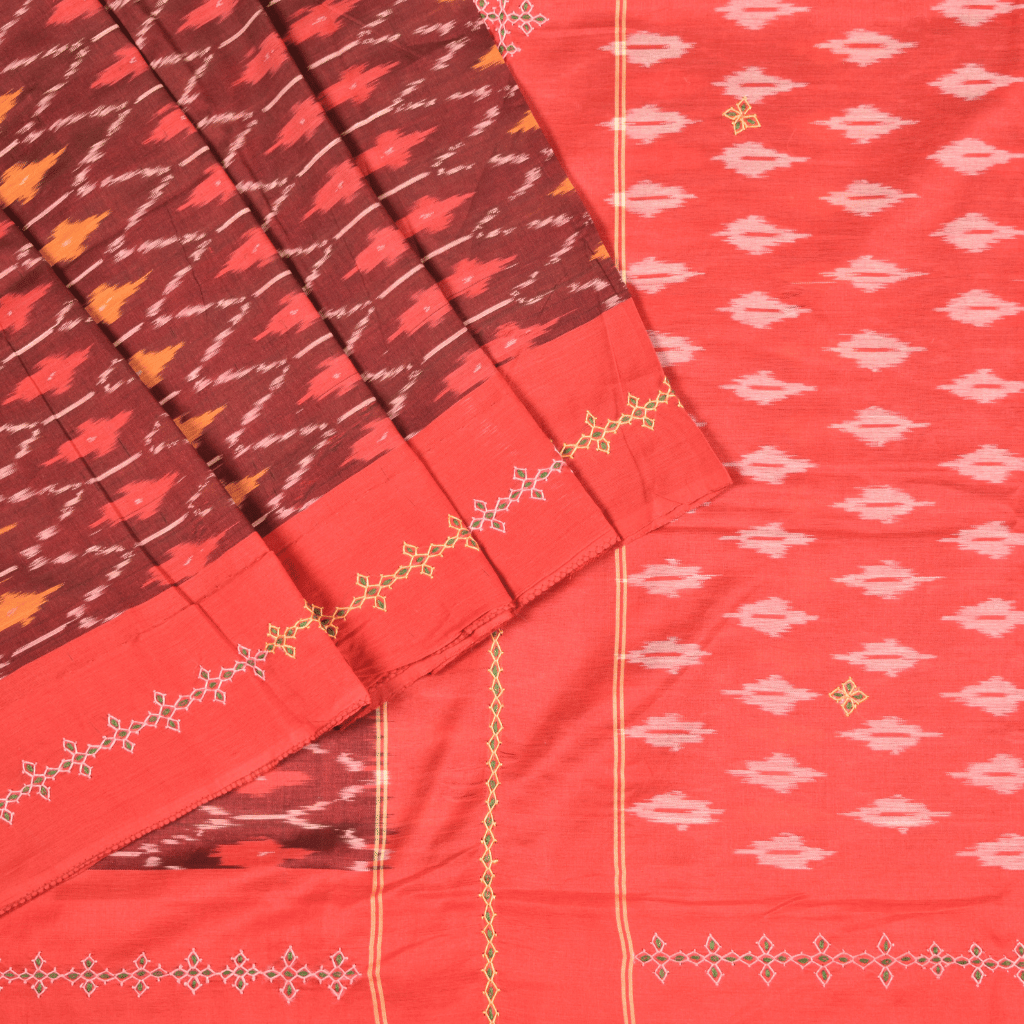 Maroon ikat saree with hand embroidery